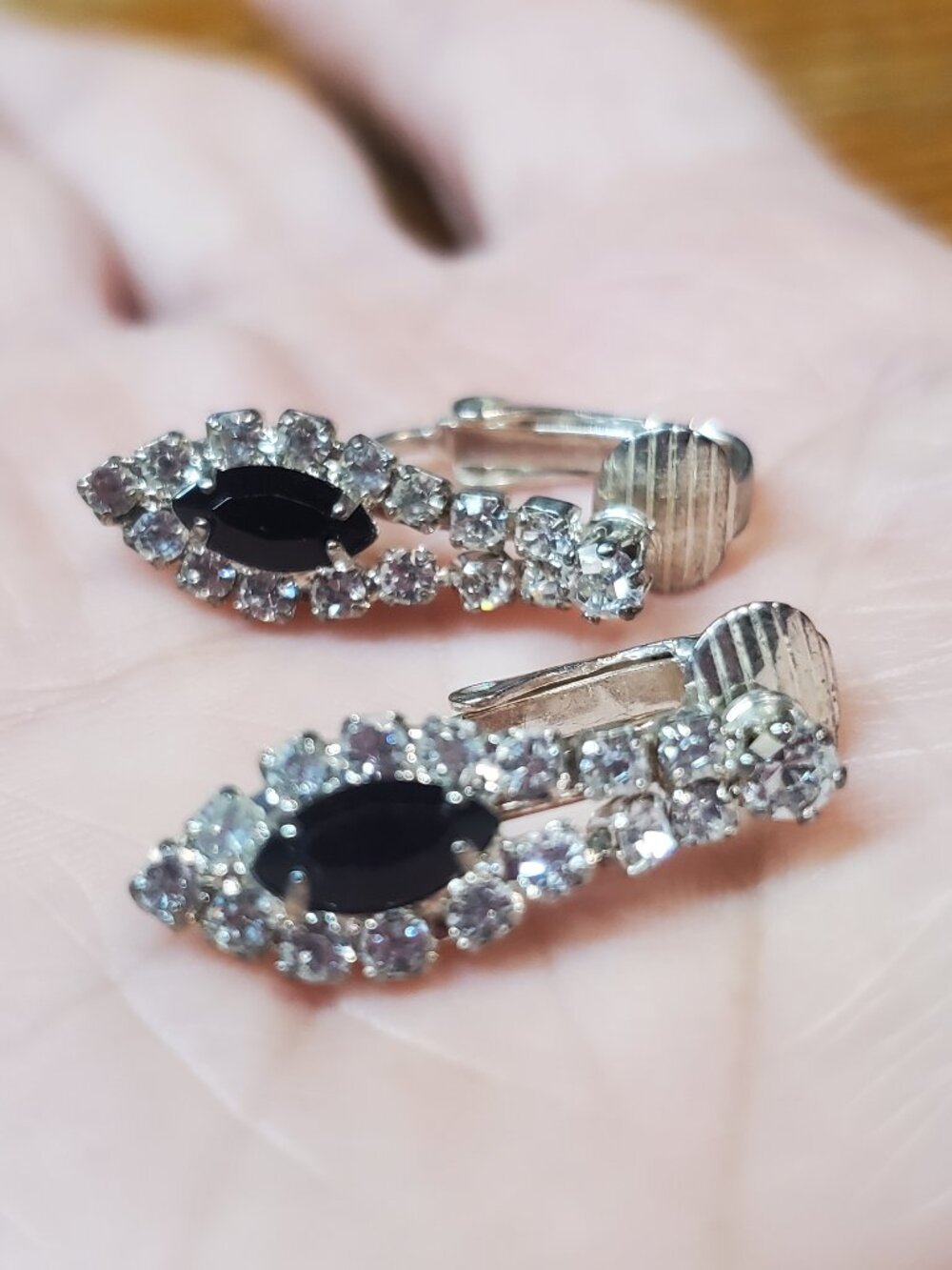 Vintage Mid Century Black Marquise Rhinestone Clip On Earrings Silver Tone